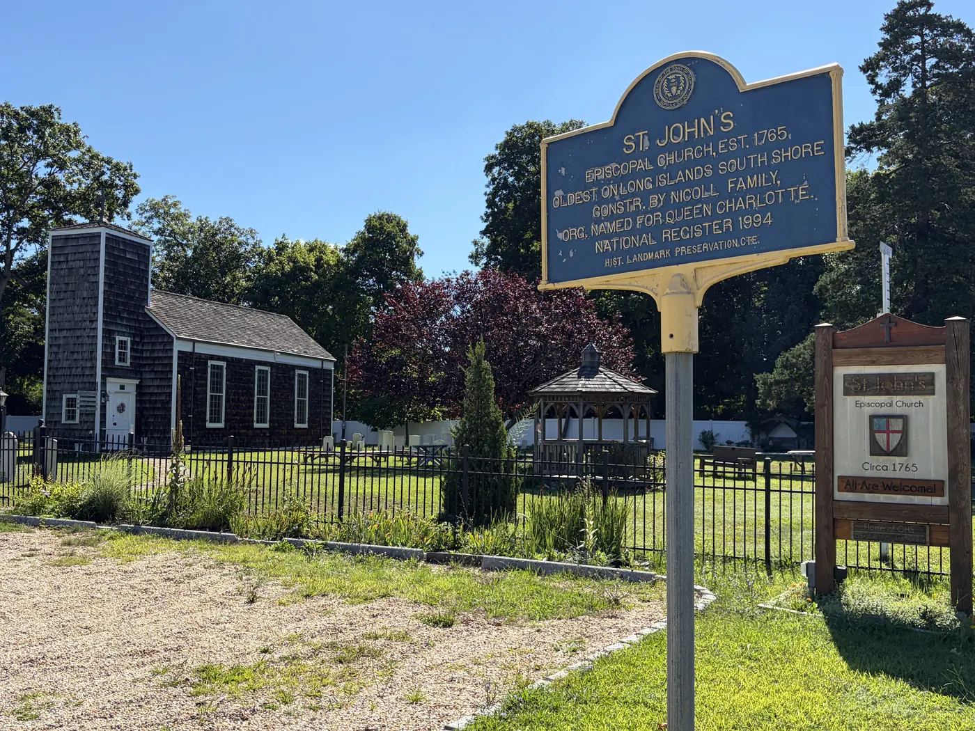 Historic marker for St. John's Episcopal Church in Oakdale, New York